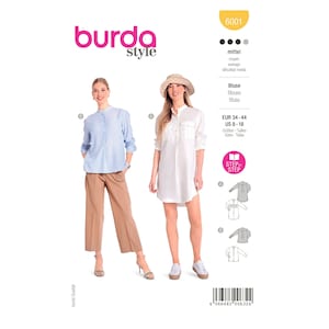 May include: A sewing pattern for a blouse with two different styles. The pattern is from Burda Style and is for sizes EUR 34-44 and US 8-18. The pattern is called "Bluse" and is a step-by-step pattern.