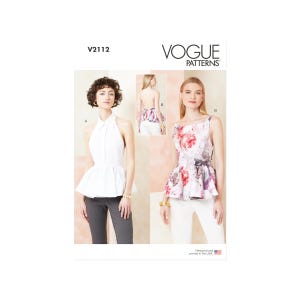 May include: Vogue Patterns sewing pattern V2112. The pattern features three different top designs, including a halter top and a floral print top. The Vogue Patterns logo is visible in the upper right corner. Designed and printed in the USA.