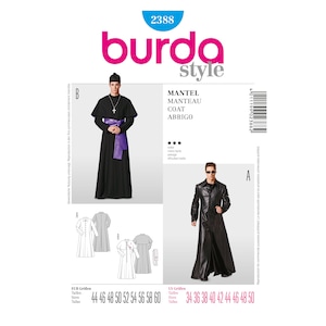 May include: A Burda Style sewing pattern featuring a long black coat and a priest's robe. The pattern includes size charts in US and EUR sizes. The image also shows a man wearing a long black leather coat.