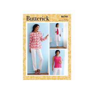 May include: A sewing pattern for women's tops and a jacket. The pattern includes three different styles: a floral print blouse, a sleeveless top, and a long jacket. The pattern is for sizes 8-16.
