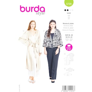 Könnte beinhalten: Ein Schnittmuster für einen Kimono oder eine Jacke. Das Schnittmuster ist für die Größen EUR 36-48 und US 10-22. Das Schnittmuster heißt "leicht", was im Deutschen "einfach" bedeutet. Das Schnittmuster ist von Burda Style.