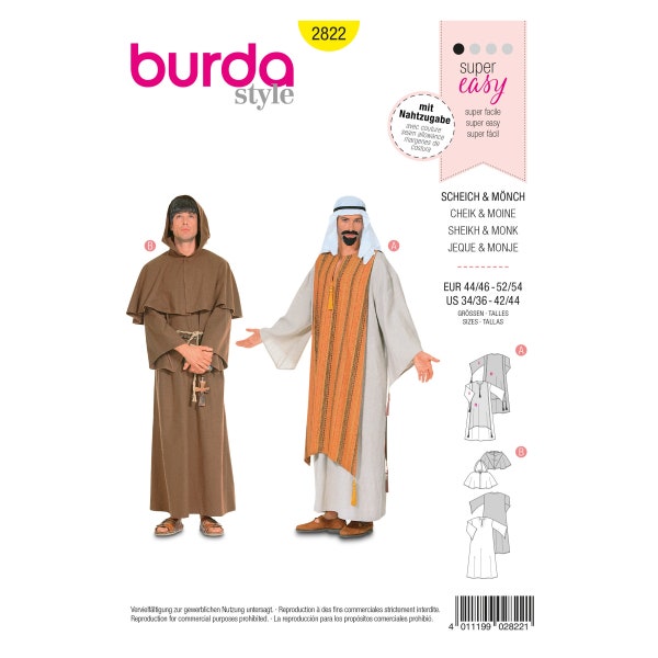 Burda Style Schnittmuster - Kostüm - Scheich - Mönch - Kutte - Nr.2822