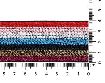 May include: Multicoloured striped elastic trim with a metallic sheen. The trim is approximately 3 cm wide and features red, pink, white, blue, black, gold, and burgundy stripes.