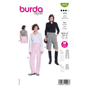 May include: Burda Style sewing pattern 5626 for trousers in sizes EUR 34-44. The pattern features two variations: full-length light pink trousers and knee-length grey shorts with pleats. Includes technical line drawings, step-by-step instructions, and a barcode.