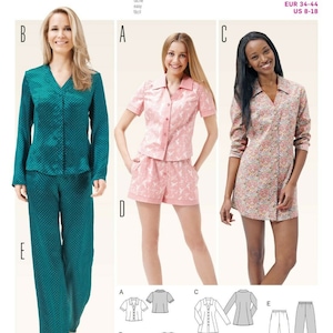 May include: A sewing pattern for pyjamas with three different styles. The pattern includes a long-sleeved pyjama top and trousers, a short-sleeved pyjama top and shorts, and a long-sleeved pyjama top and skirt. The pattern is for sizes EUR 34-44 and US 8-18.