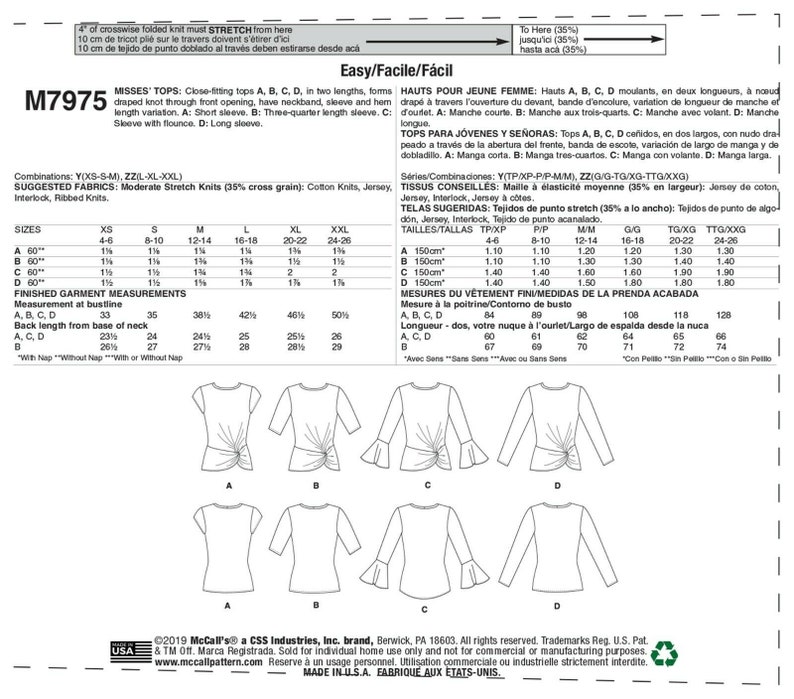 McCalls Sewing Pattern M7975 Blouse Shirt Knotted