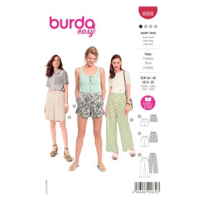 Può includere: Modello di cucito Burda Easy numero 6008 per pantaloni e pantaloncini. Il modello include tre stili diversi: un pantalone a gamba larga, un pantaloncino e una gonna-pantalone. Il modello è per le taglie EUR 34-48, US 8-22.