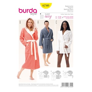 May include: A sewing pattern for a bathrobe with a hood. The pattern includes three different styles: a coral bathrobe, a grey bathrobe, and a white bathrobe. The pattern is for sizes 32/34-48/50 (UK 6/8-22/24).