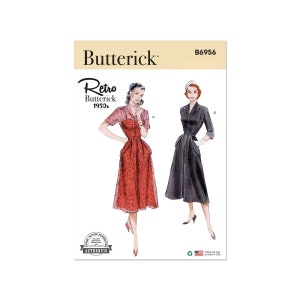 May include: Vintage sewing pattern for a dress with a fitted bodice and a full skirt. The pattern is from the 1950s and is called "Retro Butterick". The pattern number is B6956.