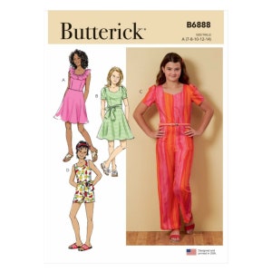 May include: A sewing pattern for girls' clothing, featuring four different styles: a pink ruffled dress, a green gingham dress with a bow, a striped jumpsuit with a belt, and a fruit-print romper. The pattern is for sizes 7-8, 10-12, and 14. The pattern number is B6888.