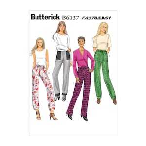 May include: A sewing pattern for trousers with four different styles. The pattern is called Butterick B6137 FAST & EASY. The trousers are shown in grey, green, floral, and purple.