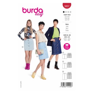 Könnte beinhalten: Burda Easy Schnittmuster Nummer 5857 für einen Rock. Das Schnittmuster enthält Anleitungen für drei verschiedene Rockstile: einen Jeansrock, einen gemusterten Rock und einen einfarbigen Rock. Das Schnittmuster ist in den Größen 34-48 erhältlich.