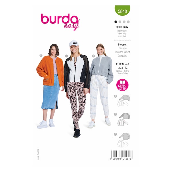 Burda Style Schnittmuster Nr. 5848 - Jacken - Blouson - kragenlos - sportlich