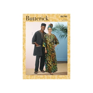 Op de afbeelding: Een naaipatroon voor een lange, losse jurk en een bijpassend lang mouwloos shirt. Het patroon is voor maten XS-M-L en is van het merk Butterick. Het patroon wordt getoond op een model dat de jurk en het shirt draagt, die beide zijn bedrukt met een kleurrijk, abstract patroon.