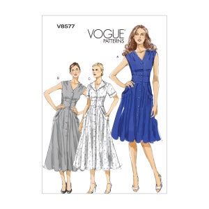 May include: Vogue Patterns V8577 sewing pattern for a dress with three variations. The dress has a V-neck, button front, and pockets. The variations include a sleeveless dress, a dress with short sleeves, and a dress with a collar.