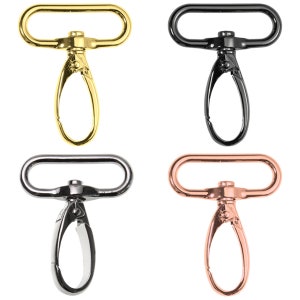 May include: Four swivel clasps in different finishes: gold, black, silver, and rose gold. Each clasp has a rectangular loop and a hook.