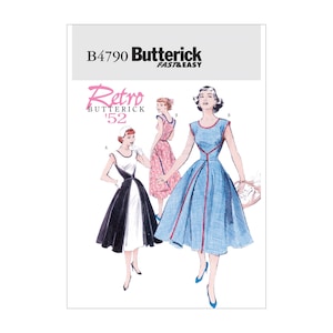 May include: A vintage sewing pattern for a dress, featuring three different styles. The pattern is from Butterick, and the number is B4790. The pattern is called "Retro Butterick '52".