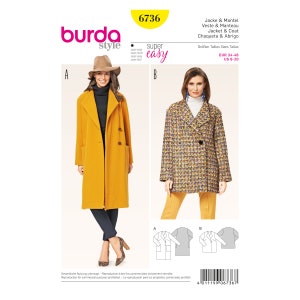Könnte beinhalten: Burda Style Schnittmuster Nummer 6736 für eine Jacke oder einen Mantel. Das Schnittmuster umfasst zwei Stile: einen gelben Mantel mit einem einzigen Knopfverschluss und einen gemusterten Mantel mit einem Doppelknopfverschluss. Das Schnittmuster ist mit "super einfach" gekennzeichnet und umfasst die Größen EUR 34-46 und US 8-20.