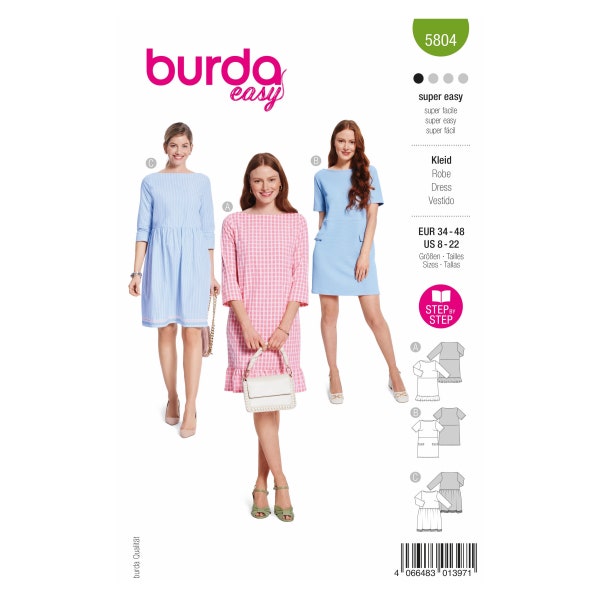 Burda Easy Sewing Pattern No. 5804 - Robe fourreau - Col bateau - 3 variations