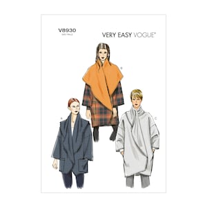 Może przedstawiać: Wzór szycia na płaszcz z kołnierzem, dostępny w trzech różnych stylach. Wzór nosi nazwę "Very Easy Vogue" i numer wzoru to V8930.