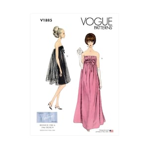 Può includere: Modello di cucito vintage Vogue per un abito senza spalline. Il modello è per un abito lungo e fluido con un fiocco in vita e un abito più corto e aderente con un motivo a pois. Il modello è del 1966 ed è una riedizione di un design vintage.