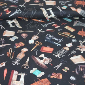 13.80.EUR/meter - cotton fabric - patchwork fabric - sewing machines, buttons, dolls - black/ beige/ orange