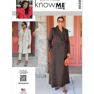 May include: A sewing pattern for a long, double-breasted coat with a V-neckline. The pattern is called "knowME by mimig" and has a scannable QR code for a sew-along video tutorial. The pattern is designed and printed in the USA.