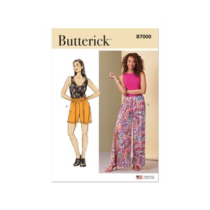 Op de afbeelding: Een naaipatroon voor damesbroeken. Het patroon bevat twee stijlen: een short met een brede tailleband en een wijde broek met een zijsplit. Het patroon is van Butterick en het patroonnummer is B7000.