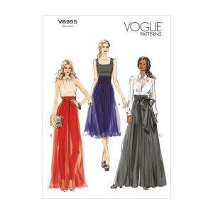 Könnte beinhalten: Vogue Patterns Schnittmuster für drei verschiedene Stile von Hosen oder Röcken. Das Schnittmuster ist für die Größen XS-XL. Der erste Stil ist ein langer, fließender Rock mit hoher Taille und einem Bindegürtel. Der zweite Stil ist ein kürzerer, figurbetonterer Rock mit hoher Taille und einem Bindegürtel. Der dritte Stil ist eine weite Hose mit hoher Taille und einem Bindegürtel.
