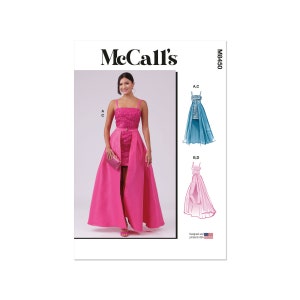 Op de afbeelding: McCall's patroon M8450 voor een jurk met een high-low rok. De jurk is roze met een pailletten lijfje en een lange, vloeiende rok. Het patroon bevat instructies voor het maken van de jurk in drie verschillende stijlen.