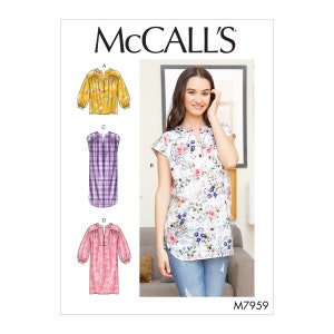 May include: Sewing pattern for a women's top with a V-neck and short sleeves. The pattern includes four different styles: a yellow floral print, a purple plaid, a pink floral print, and a white floral print. The pattern number is M7959.