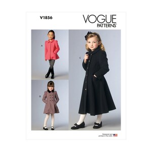 May include: Vogue Patterns sewing pattern for a girls' coat. The pattern includes three different styles: a pink coat with a Peter Pan collar, a black coat with a Peter Pan collar and a double-breasted closure, and a black coat with a Peter Pan collar and a single-breasted closure. The pattern is for sizes 4-14.