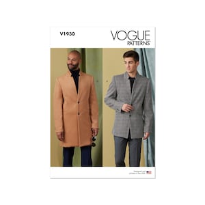 Op de afbeelding: Vogue Patterns V1930 naaipatroon voor een herenjas. Het patroon bevat twee stijlen: een lange, enkelrijdige jas met een opstaande kraag en een kortere, enkelrijdige jas met een reverskraag. Het patroon is ontworpen en gedrukt in de VS.