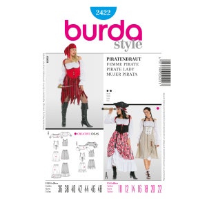 May include: A Burda Style sewing pattern for pirate costumes. The pattern includes illustrations of completed costumes, featuring a red and white striped skirt, a red corset, and a white blouse. Sizes are listed in EUR and US measurements.