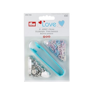 May include: A pack of 21 8mm 'Jersey' snap fasteners in assorted colours, including pink, blue, and white. The pack includes a tool for attaching the snaps.