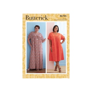 Könnte beinhalten: Ein Schnittmuster für ein Kleid mit zwei verschiedenen Stilen. Das Kleid links ist ein langes Kleid mit Blumenmuster. Das Kleid rechts ist ein kürzeres, einfarbiges orangefarbenes Kleid. Das Schnittmuster ist für die Größen 26W-28W-30W-32W. Die Schnittmuster-Nummer ist B6755.