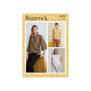 Op de afbeelding: Een naaipatroon voor drie verschillende tops, gelabeld A, B en C. Het patroon is van Butterick en is voor maten 6-8, 10-12 en 14.