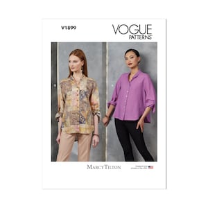 May include: Vogue Patterns sewing pattern V1899. The pattern features two button-down shirts. One shirt is a patchwork design in shades of brown, beige, and blue. The other shirt is solid purple. The pattern is designed and printed in the USA.