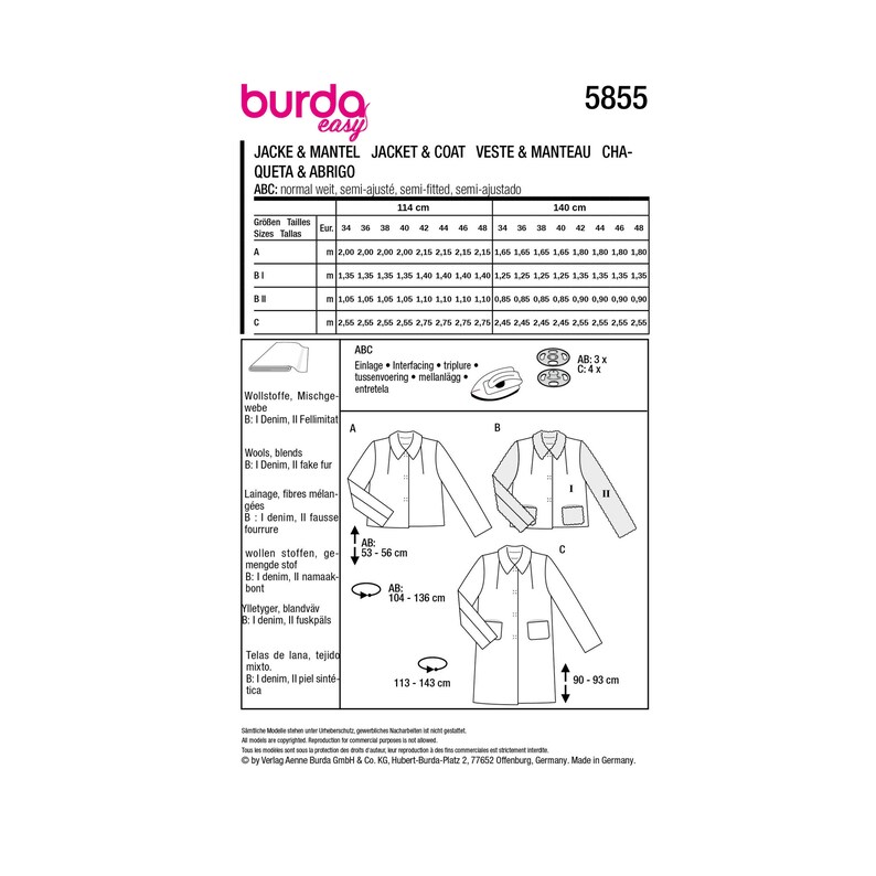 Burda Style Sewing Pattern No. 5855 - Jacket and Coat - Casual - Cozy ...