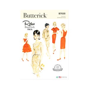 Peut inclure: Un patron de couture Butterick Retro des années 1960, B7035, avec des illustrations de robes et de tailleurs pour femmes. Le patron propose différents styles, d'une robe à volants à un tailleur avec une veste. La couverture est blanche avec le logo Butterick et le mot "Retro".