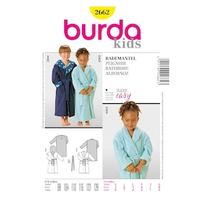 Może przedstawiać: Wzór szycia Burda Kids numer 2662 na szlafrok. Wzór zawiera instrukcje dla rozmiarów od 98 do 128 cm i rozmiarów od 3 do 8 US. Wzór jest oznaczony jako "super łatwy" i zawiera zdjęcie dziecka w niebieskim szlafroku i dziecka w jasnoniebieskim szlafroku.