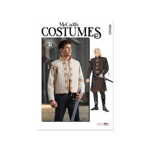 Peut inclure: Patron de couture McCall's Costumes pour une veste et une tunique de style médiéval. Le patron comprend deux styles différents, l'un avec un design matelassé et l'autre avec un look plus long et plus formel. Le patron est imprimé sur du papier blanc avec du texte noir et des illustrations.