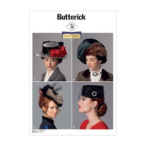 May include: A vintage sewing pattern for four different styles of hats. The pattern is from Butterick, a well-known pattern company, and is part of their "Marquise History" collection. The pattern number is B6397.