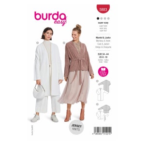 Könnte beinhalten: Ein Schnittmuster für einen Cardigan oder Mantel. Das Schnittmuster ist für die Größen 34-44 und ist für Jersey-Strickwaren geeignet. Das Schnittmuster heißt "burda easy" und die Schnittmuster-Nummer ist 5883.