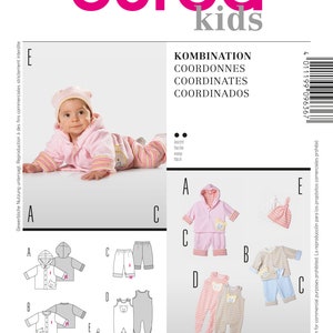 Może przedstawiać: Wzór szycia Burda Kids numer 9636 na strój dla niemowlęcia. Wzór zawiera kurtkę z kapturem, koszulę z długim rękawem, spodnie, ogrodniczki i czapkę. Wzór jest dostępny w rozmiarach 56-80 cm i 1M-12M.