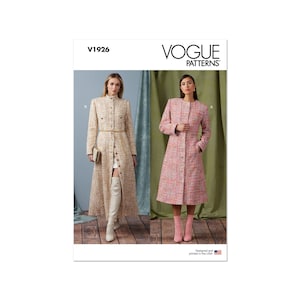 May include: Vogue Patterns V1926 sewing pattern for a long, button-front coat with a collar and pockets. The pattern includes two variations: a longer, floor-length coat and a shorter, knee-length coat. Both coats are shown in a tweed fabric.