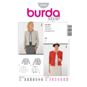 May include: A sewing pattern for a jacket with a button-up front and long sleeves. The pattern is available in sizes 34 to 46 and 8 to 20. The pattern is from Burda Style and has the number 8949.