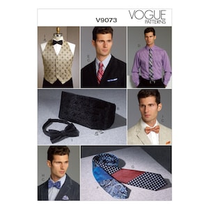 Könnte beinhalten: Ein Schnittmuster für Herren-Festkleidung, bestehend aus einer Weste, einer Fliege, einem Einstecktuch und einer Krawatte. Das Schnittmuster stammt von Vogue Patterns und ist mit V9073 gekennzeichnet.