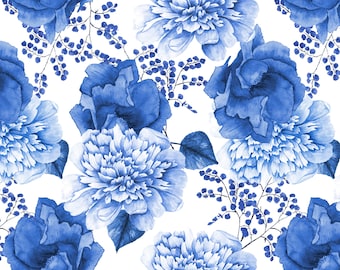 13.80 EUR/meter - cotton fabric - patchwork fabric - Blue Jubilee - flowers and grass - white / blue
