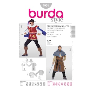 Könnte beinhalten: Burda Style Schnittmuster Nummer 7976 für ein Musketierkostüm. Das Schnittmuster beinhaltet zwei verschiedene Stile: einen langen Mantel mit Kapuze und eine kürzere Jacke mit Umhang. Das Schnittmuster ist in den Größen 48 bis 60 für europäische Größen und 38 bis 50 für US-Größen erhältlich.
